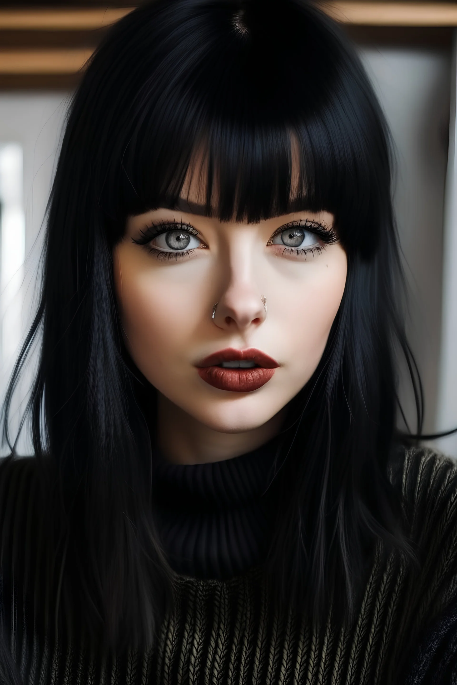 Girl with black hair, bangs and lip piercing and black sweater