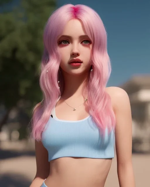 Cherry Crush, big eyes, upturned nose, long light pink hair, highly detailed, mini skirt and crop top, 8K, photorealistic rendering