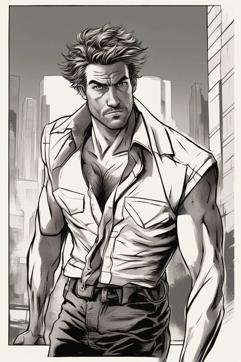 man with scruffy hair, stubble and a disappointed and judgmental look on his face comic book style