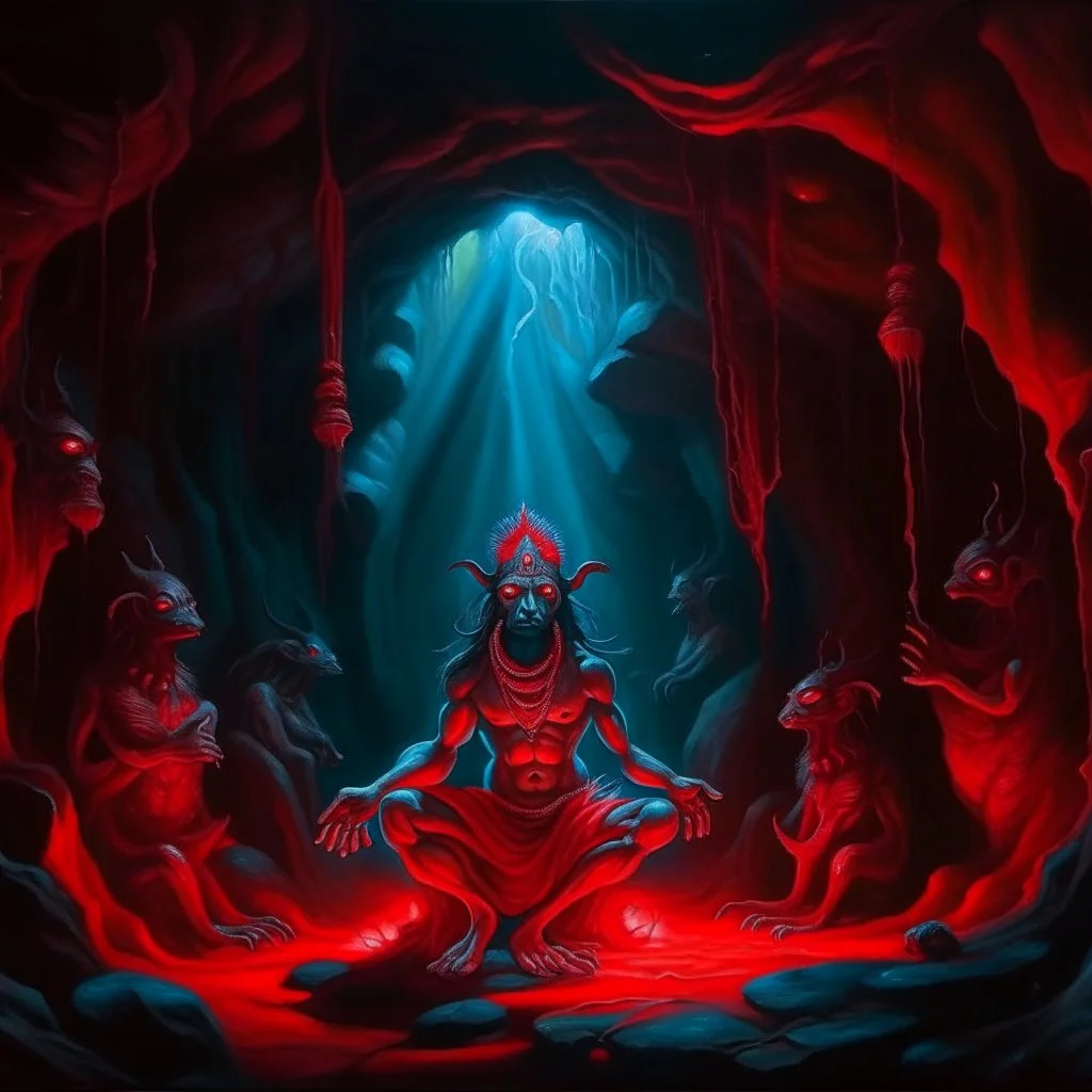 An painting of Hindu god YAMA with animal in a cave, neon red colors, high detail, dark vibe