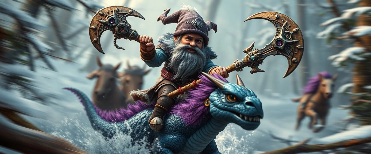 oil painting ,close up motion blur portrait of dwarf thief - Forgotten Realms dodging cyberpunk armored dwarf with war half moon axe hammer with spikes, riding tiny furry blue and purple dragon above water and along winding branches in lush icy forest along speeding horses , bokeh like f/0.8, tilt-shift lens 8k, high detail, smooth render, down-light, unreal engine, prize winning