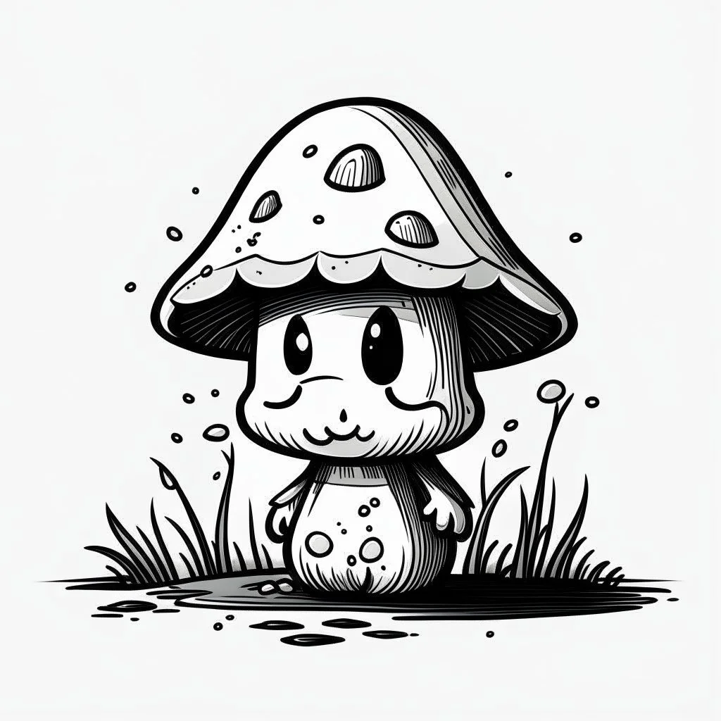 mushroom, black and white, cartoon, drawing, cute, creature, simple