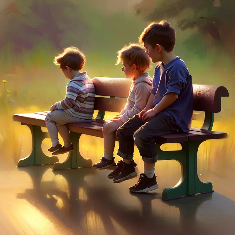 a couple of kids sitting on top of a wooden bench, beautiful painting of friends, boy and girl, by Igor Kieryluk, kerem beyit, by László Balogh, pino daeni and dan mumford, by Krzysztof Boguszewski, amazing artwork, beautiful artwork, adorable digital painting