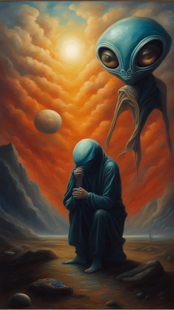 oil painting, Believing the strangest things, loving the alien And your prayers they break the sky in two