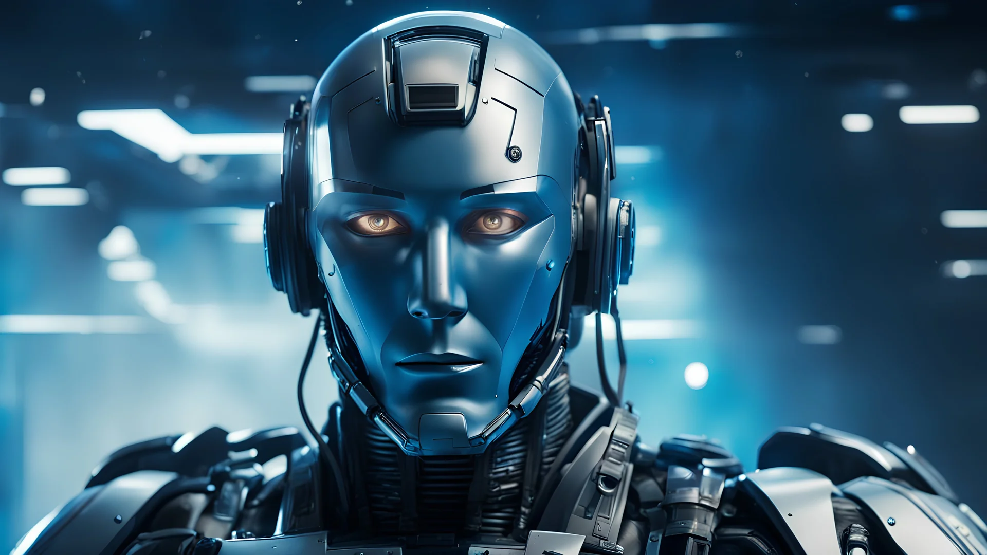 uomo bionico androide umanoide con volto in divisa militare blu space force