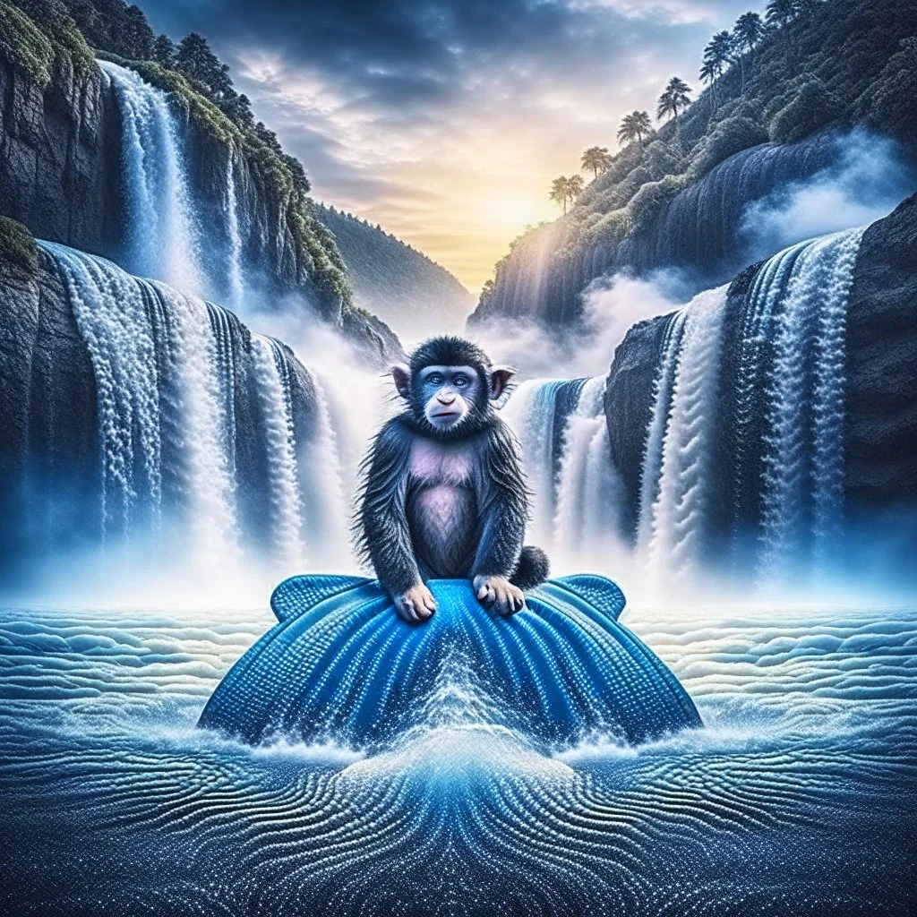 portrait of psychedelic monkey on surfboard in waterfall, in the style of escher , 8k, down-light, soft light, depth of field, photo realism, trending on art station, high detail, smoke and fog