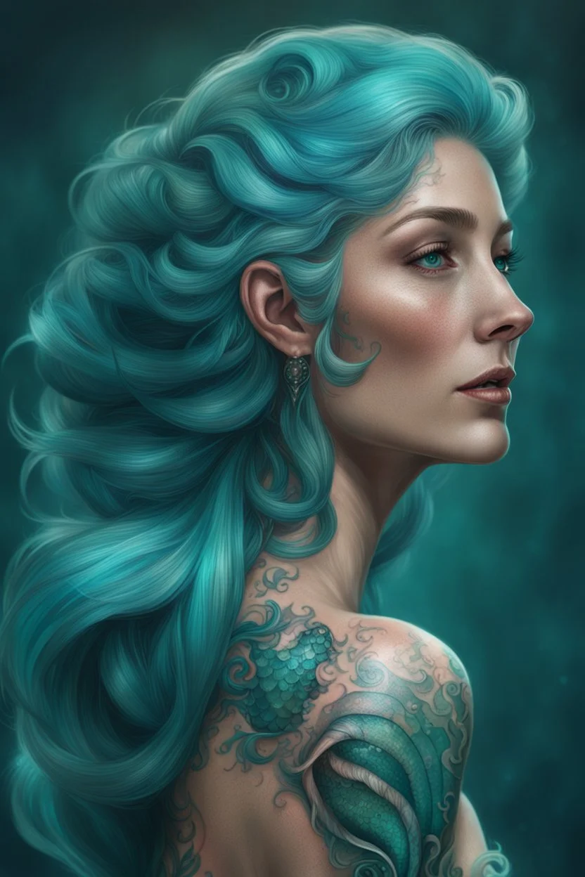 Portrait of an old mermaid, shimmering turquoise tail, tattoo, high resolution, Artstation trends, fine details, 8K