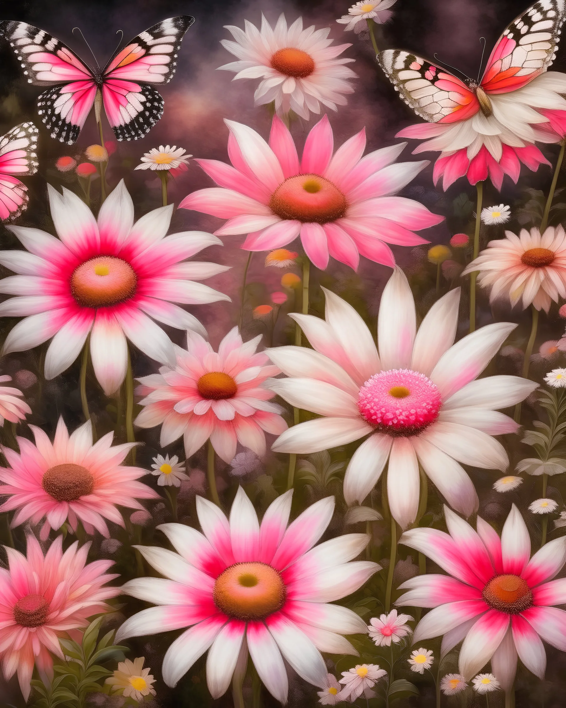 Raymond Swanley, pink and white daisies, silver chains, butterflies, brushstrokes, palest pink and cream, muted hues, detailed watercolor wash rule of thirds, painting, fantastical, intricate detail, 8k resolution, afremov style, golden hour