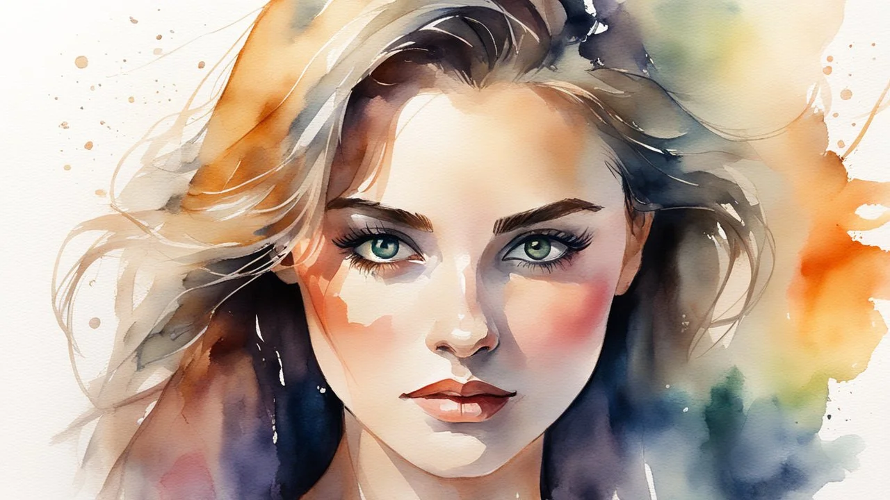 watercolor painting of a beautiful of a 25 year old woman, realistic skin texture, looking into the camera, Anna Razumovskaya style, atmospheric light, realistic colors