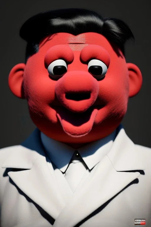 Waist up muppet Portrait, Kim Jong-un muppet doll, black suit, photo studio, red background, unreal engine 5, concept art, art station, ray tracing, lumen lighting, ultra detail, volumetric lighting, 3d.