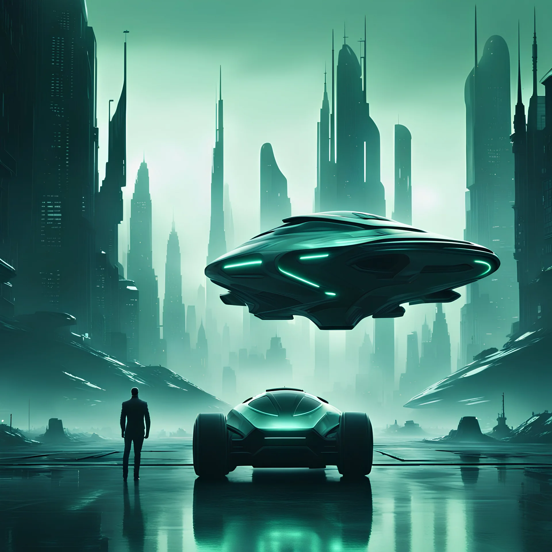 Ground level dark alien futuristic city scape. small amount of greyish green haze. Silhouette of a man. single futuristic hover car in the foreground.