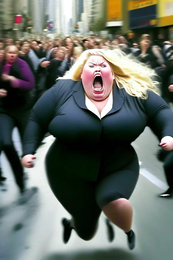 an obese terrified blonde white woman crying and sobbing in a pant suit desperately running away from an angry mob of thousands of all black people chase her down a city street