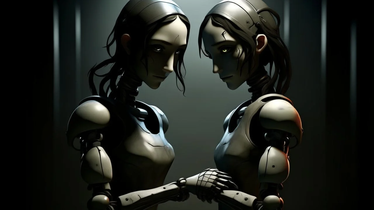 Surrealism.. Create an image featuring two humanoid robots holding hands. One robot should have a shiny light gray finish, while the other should have an opaque dark gray appearance. Both robots have their heads slightly tilted downwards, giving a mechanical and somewhat contemplative look. The setting is minimalistic, focusing on the contrast between the robots' finishes and their human-like connection. Contemporary art.