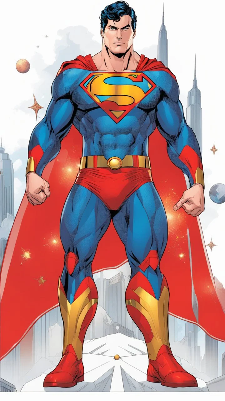 Superman in an advanced, decorated cosmic suit. The background is destroyed buildings and a sky colored with stars, planets and spaceships