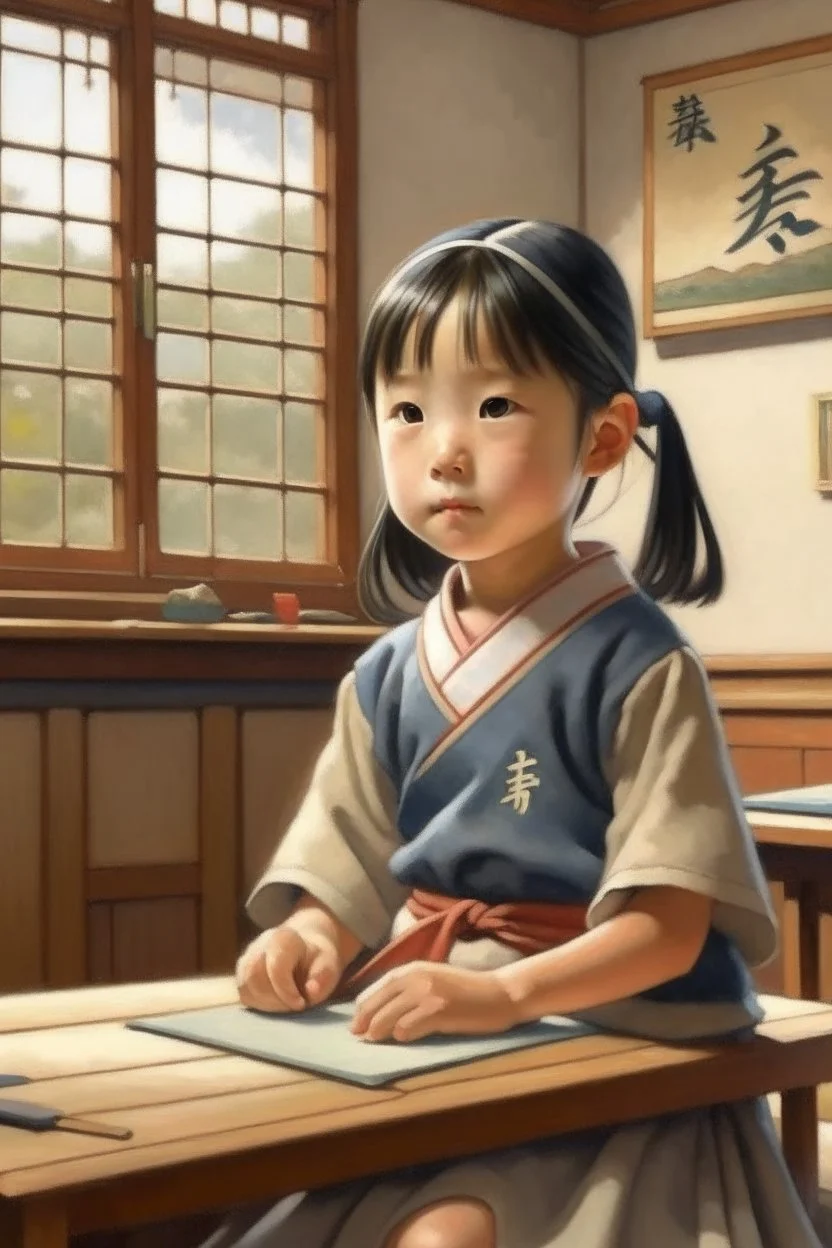 japanese little girl sitting in classroom painting neoclassism