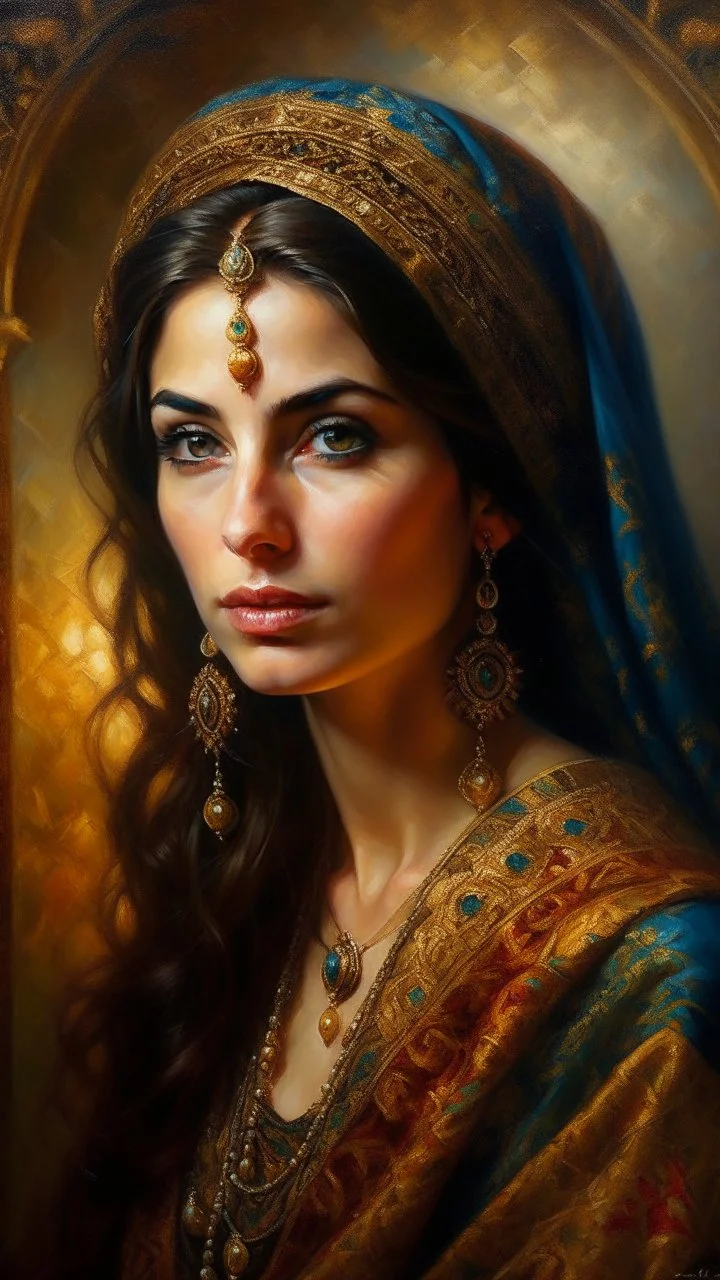 A stunningly radiant Persian woman, her face exudes timeless beauty and grace. Captured in a mesmerizing oil painting, every brushstroke delicately portrays her luminous complexion, enchanting brown eyes, and cascading raven-black hair. The artist's attention to detail brings out the intricate patterns of her traditional attire, adorned with vibrant colors and ornate gold embroidery. This exquisite portrait is a testament to the meticulous craftsmanship and expert artistry, transporting viewers