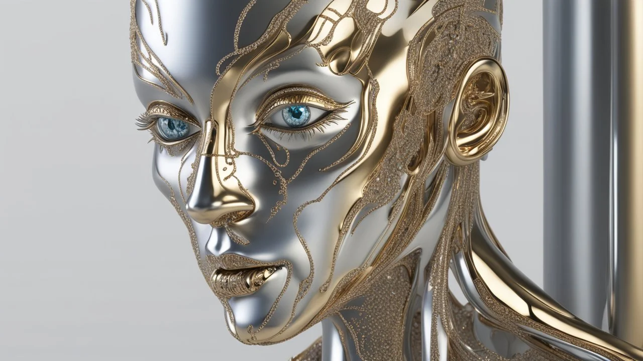 art from the 'art of control' collection by jasper harvey, in the style of futuristic optics, silver and gold, detailed facial features, swirling vortexes, 8k 3d, whimsical cyborgs, made of crystals --ar 150:187 --s 750 --v 5. 2 --style raw