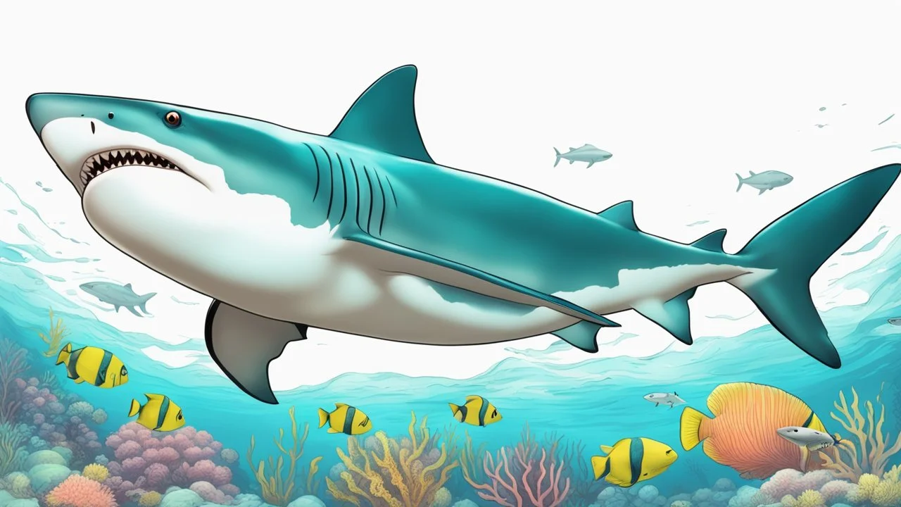 comic style, realistic coloring, underwater, coral reef, shark