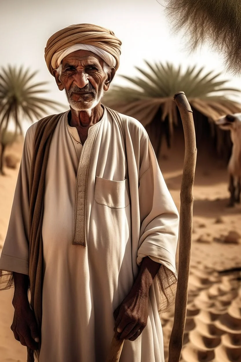 Old man, Arab, turban, white clothes, cattle, desert, council, sun, palm trees, mud houses, holding a stick, looking forward, a very slight smile.