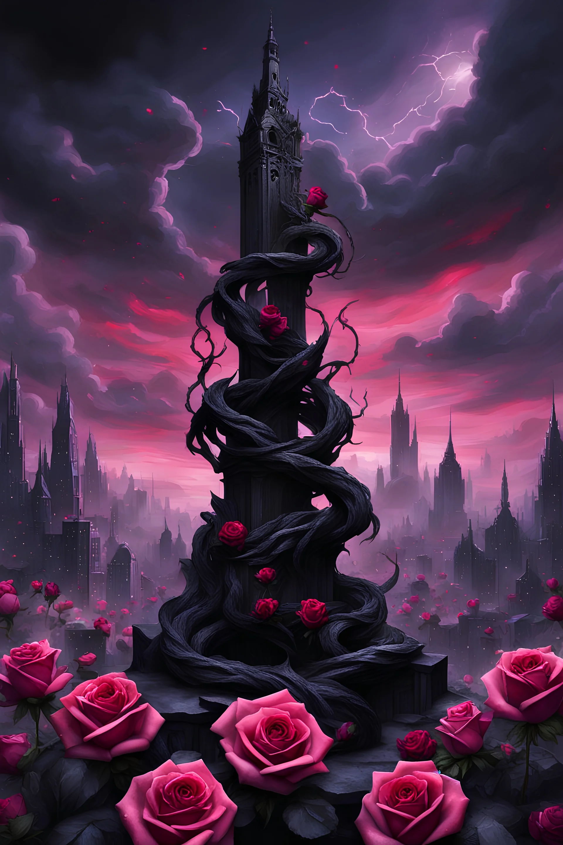 A city of black stone entwined with red and pink roses. The sky is black and purple.