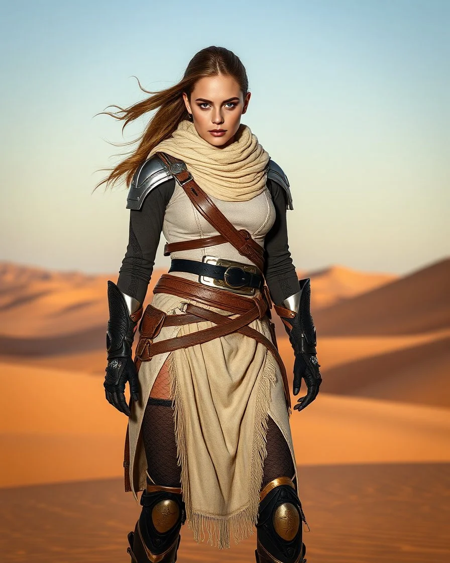 Dune Movie fullbody stand on the desert Young Woman Warrior futuristic clothing deep blue eyes in Dune Movie Character