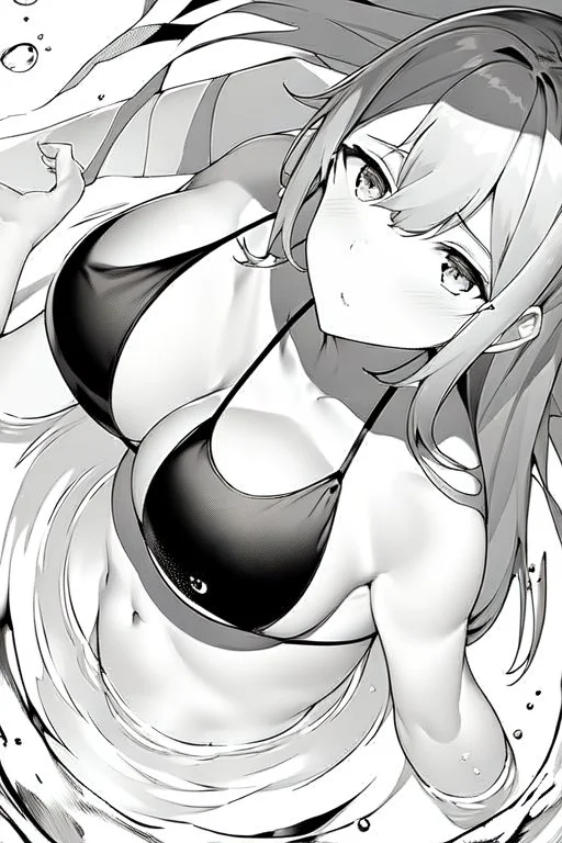 girl in a bikini swim in water, top view, greyscale