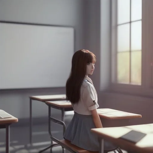 Study girl in classroom ,movie, real photo realistic, unreal engine, cinematic lighting --ar 1:1 creative