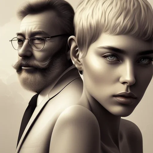 a young woman sitting next to a 50-year-old man with a beard and short hair, portrait, 8K, close-up face, anatomically perfect face, Highly detailed stunning full frame portrait, misty and cloudy atmosphere