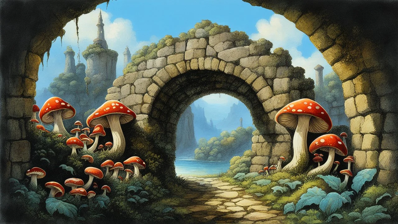 Mushrooms with octopus tentacles covering a crumbling stone wall and an arch behind, Roger Dean-style