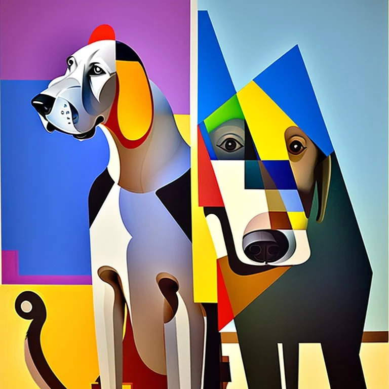 Cubist painting of humans and dogs standing next to each other in different colors and sizes, Cubist painting by Kees Maks, featured on dribble, informal art, cubism, picasso, art on instagram