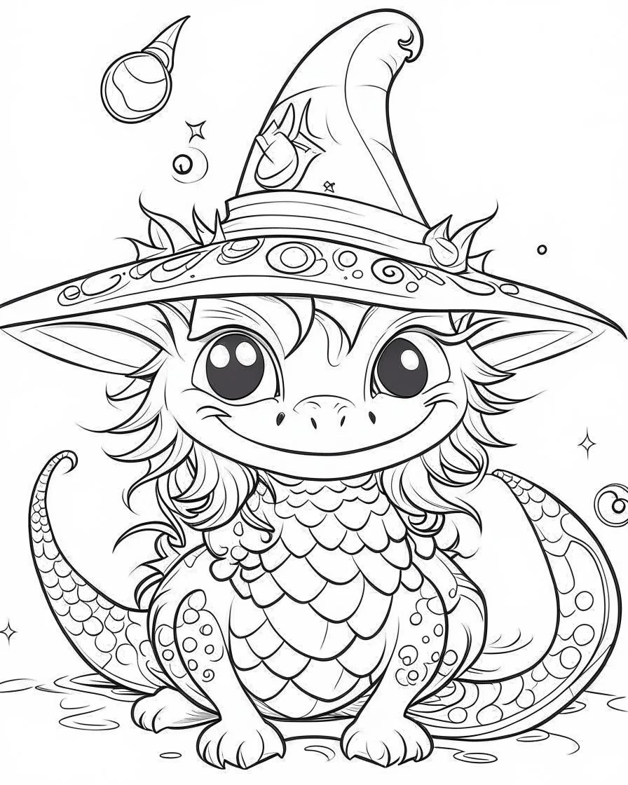 coloring pages for kids, semi-cartoon motif of a little dragon character, witch hat, white background, anime, illustration, dark fantasy, painting, cartoon style, thick lines, low detail, black and white, no shading, --ar 85:110