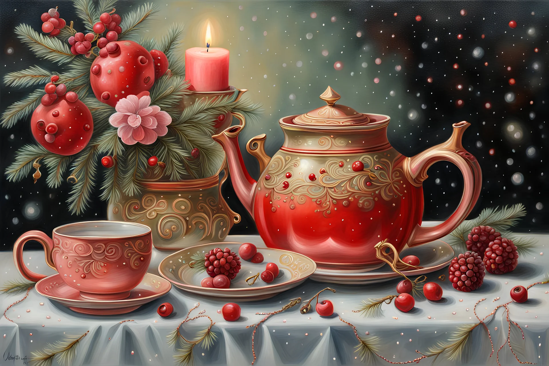 delicate oil painting, hyperrealism, detailed drawing, bright red, vintage pink, moderate olive green, gold, white, teapot and cup decorated with berries, candles, flowers, fir branches, cones in frost, small lights, starlight, beautiful, academic drawing, overdetalization, hyperdetalization, filigree, glare, soft light from the side, mysterious, raindrops, glow, stardust, mother of pearl, gentle, elegant, fragile, thin, fluffy, texture, fairy tale, magic