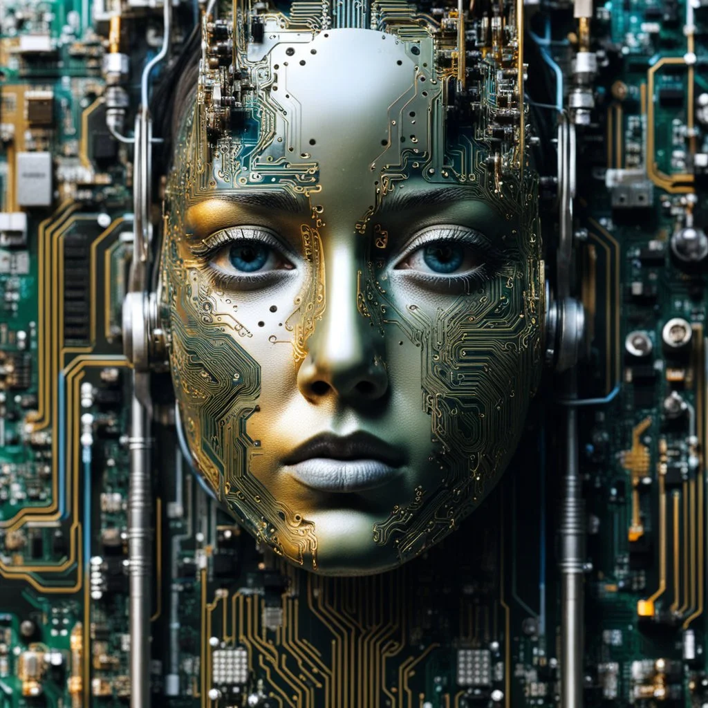 a cyborg face in circuit motherboard face,melted in to the circuit board and chipset computer