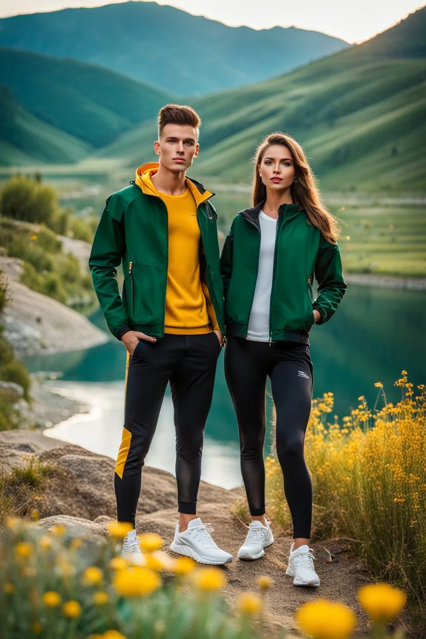 fullbody shot of young-beautiful-girl and boy-with-a-perfect-face-with-make-up-wearing- sport pants and jacket standing ,geen hills ,nice nature environment ,wild flowers,clean water river with colorfull rocks in floor