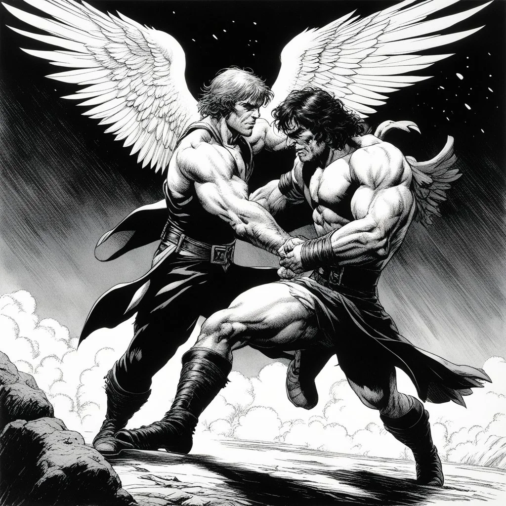 [comic book art by Sam Keith and Bernie Wrightson] Jacob wrestling with angel