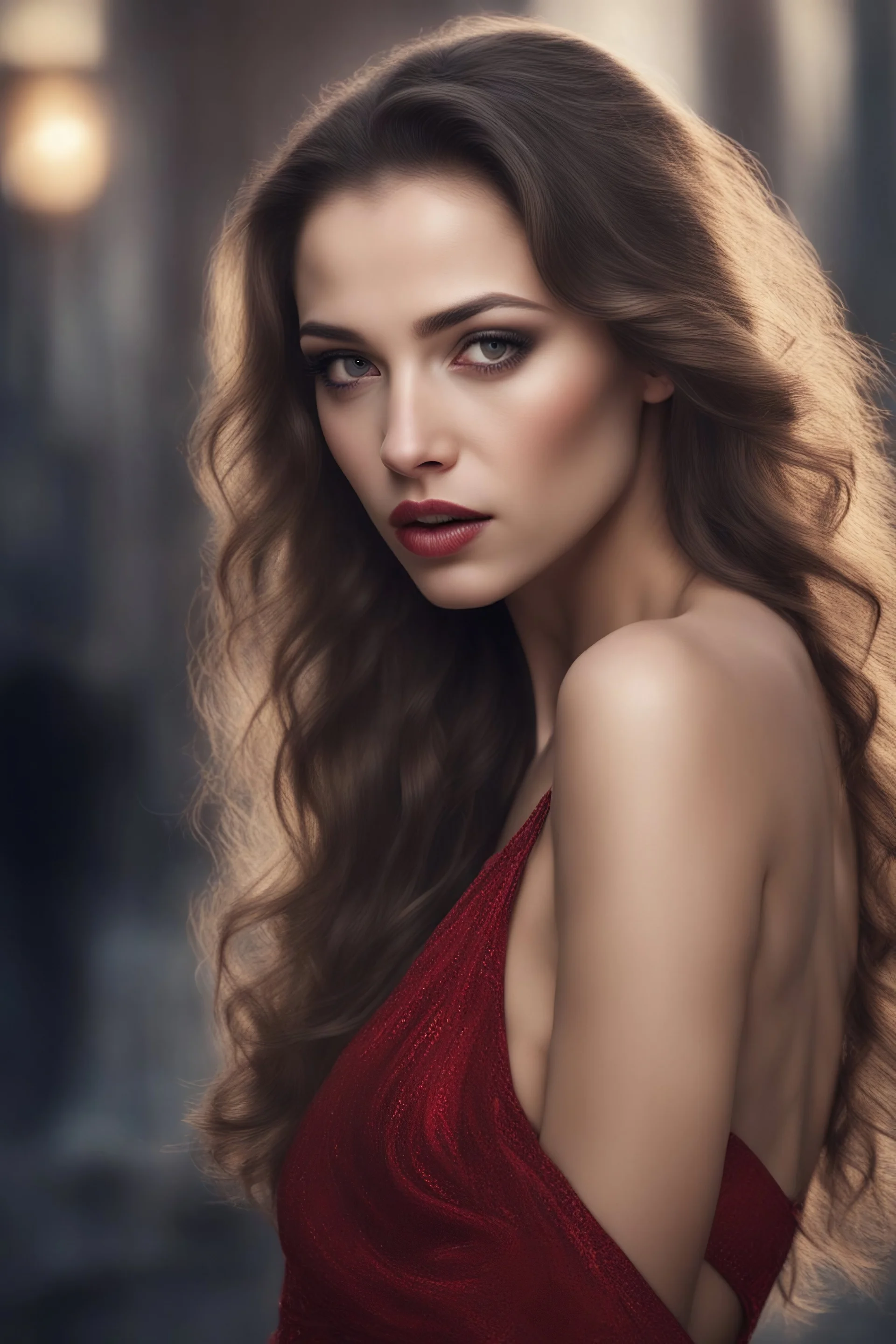 Interview with the vampire - head and shoulders portrait, Photorealistic, hyperrealism, Dazzling, Complex, dramatic, bold, attractive werewolf babe, perfect, Athletic, toned body with tanned skin, perfectly formed body, Dracula City, extremely detailed, lipstick, eyeshadow, eyeliner, mascara, rouge, photorealistic, 4k UHD Photograph,