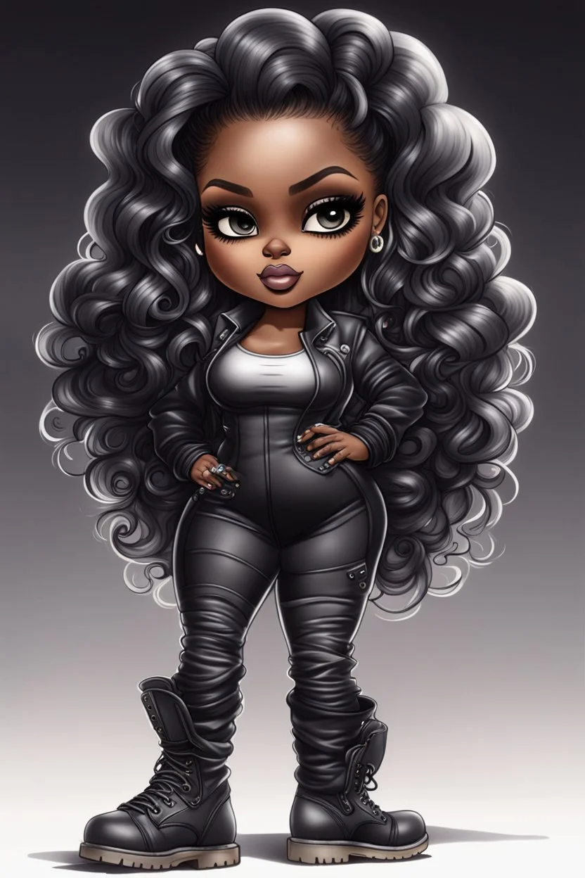 create an airbrush illustration of a chibi cartoon voluptuous black female wearing a black and silver outfit with timberland boots. Prominent make up with hazel eyes. Extremely highly detailed of a long wavy ombre hair. Background of a bike show