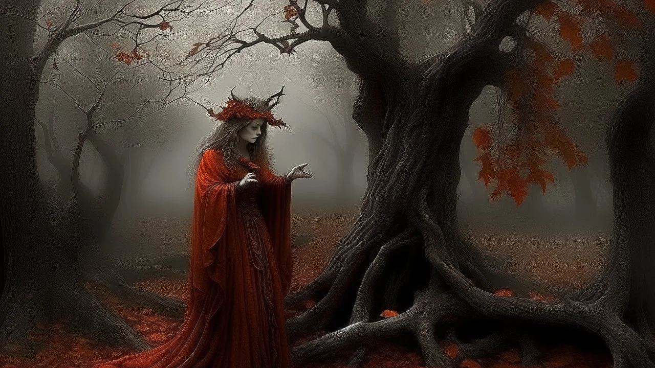 In the fall season of reds and oranges, the hero realizes that there is a deeper and more complex mystery surrounding the witch. At that moment, the tree leaves flutter in the air, as if predicting a new phase of challenges and secrets. The mist parted from the ground to reveal the witch standing high, her face bearing traces of time and ancient ambition. The dim light glowed around her, exposed as a queen in her own throne. The witch wears mysterious clothes that harmonize with the changing co