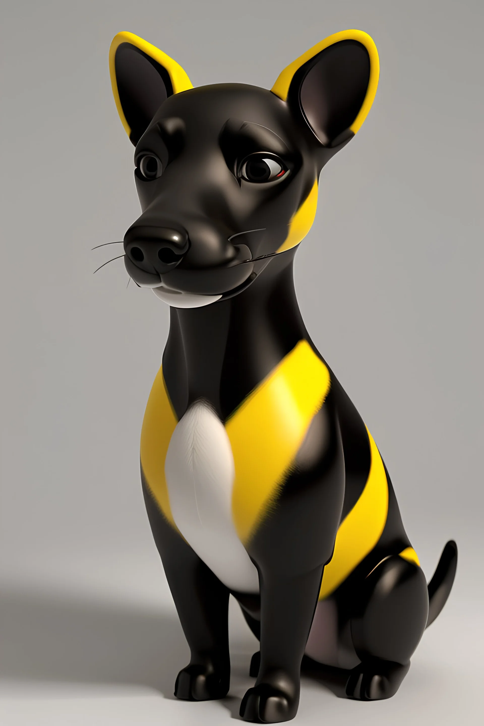 A Pixar 3D rendering of a logotype of a dog in black, white, and yellow color palette. Inspired by the movie "Up". The dog is depicted in a cute and charming style, with exaggerated features and a playful personality. The black and white colors are used to create a sense of depth and texture, while the yellow is used to add a sense of fun and whimsy. The facial expression is happy and excited, with the dog's tongue hanging out. The lighting is bright and cheerful, with no harsh shadows.