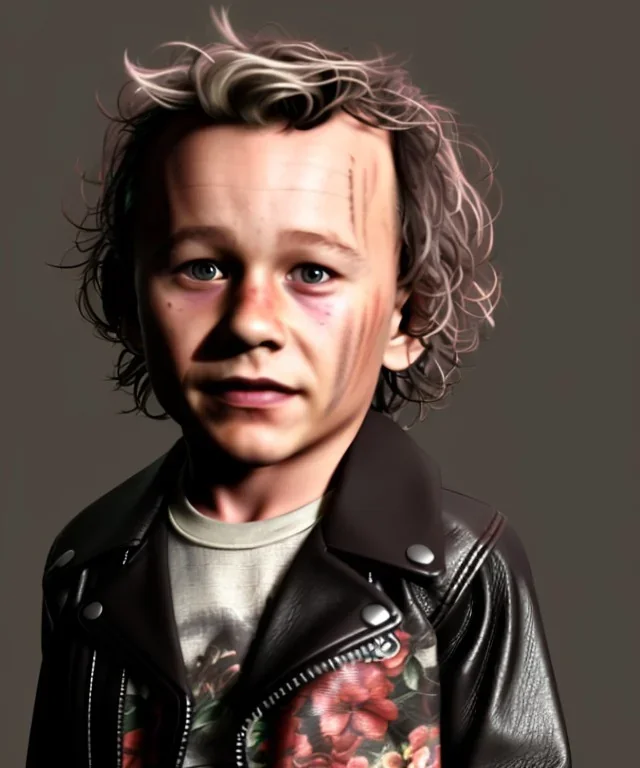 Heath ledger toddler, full body, leather jacket, floral shirt, soft skin, dramatic lighting, hyper realistic