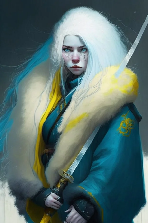 Pale short white woman with long blue hair, yellow eyes, a fur coated black coat and trousers. Samurai sword.