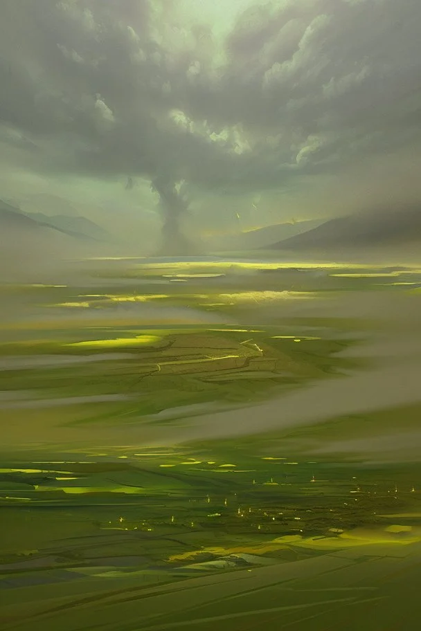 Oil painting, a vast green village where rain falls and turns anything it touches into gold