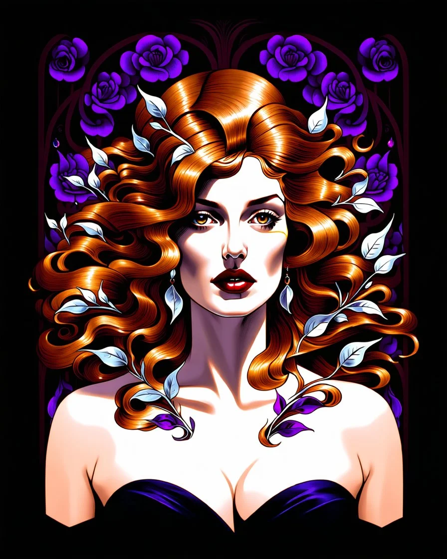 stunning Art Nouveau illustration depicts "," a powerful sorceress with cascading, wavy purplish hair interwoven with coppery tresses framing her face and adorned with delicate silver leaves. Her dramatic features include full, flaming lips and intensely beautiful brown eyes that convey ancient wisdom and command, angled slightly upward in a knowing gaze, and she is positioned according to the one-third rule composition. Behind her, a backdrop of swirling, stylized floral patterns in deep jewel