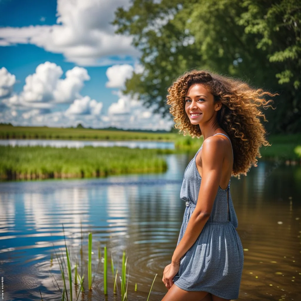 upper body closeup of very beautiful girl walks in water in country side , curly hair ,next to small clean water river,pretty clouds in blue sky