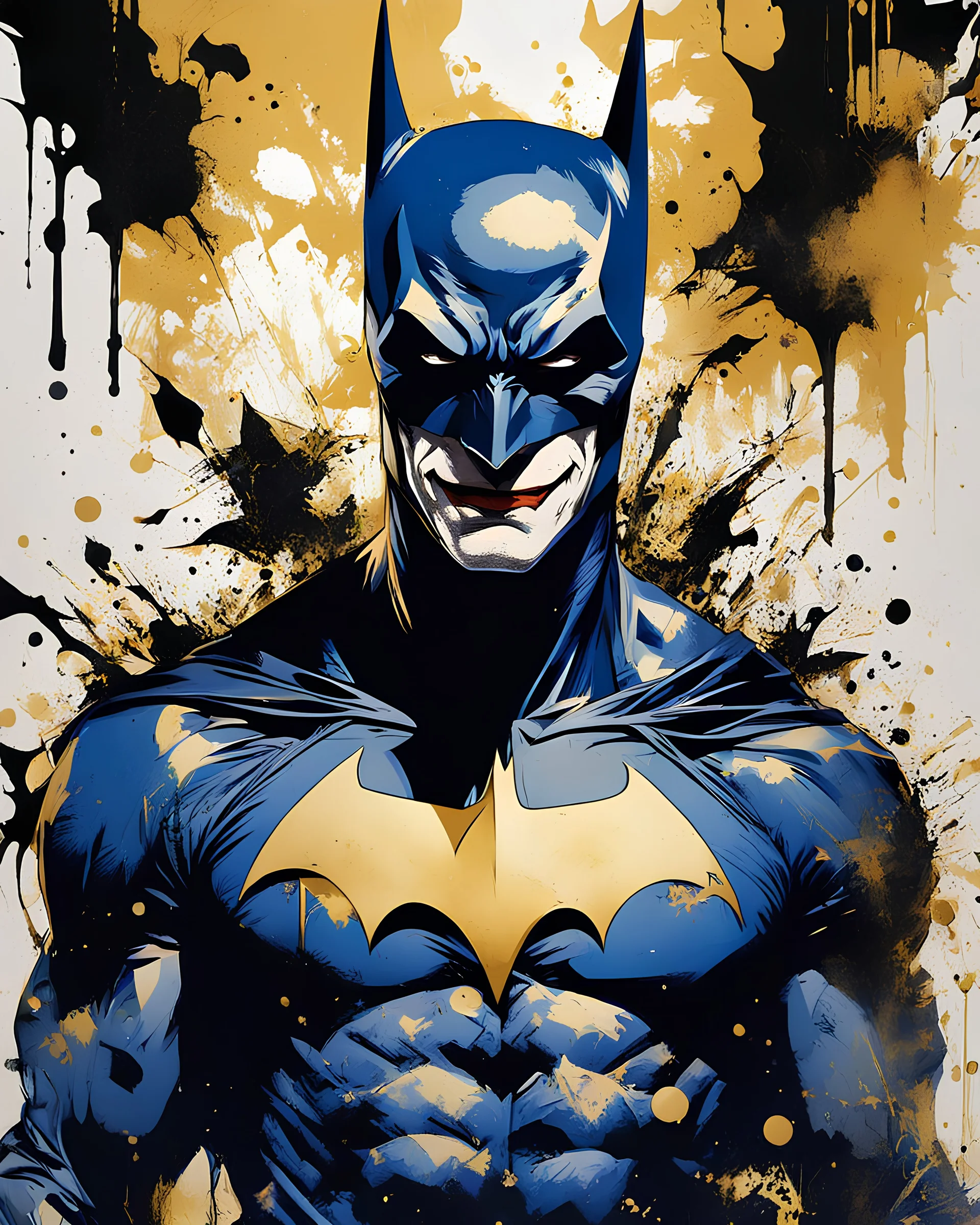 poster in two gradually, a one side Batman darkblue and other side Joker gold tones, painting by Yoji Shinkawa,