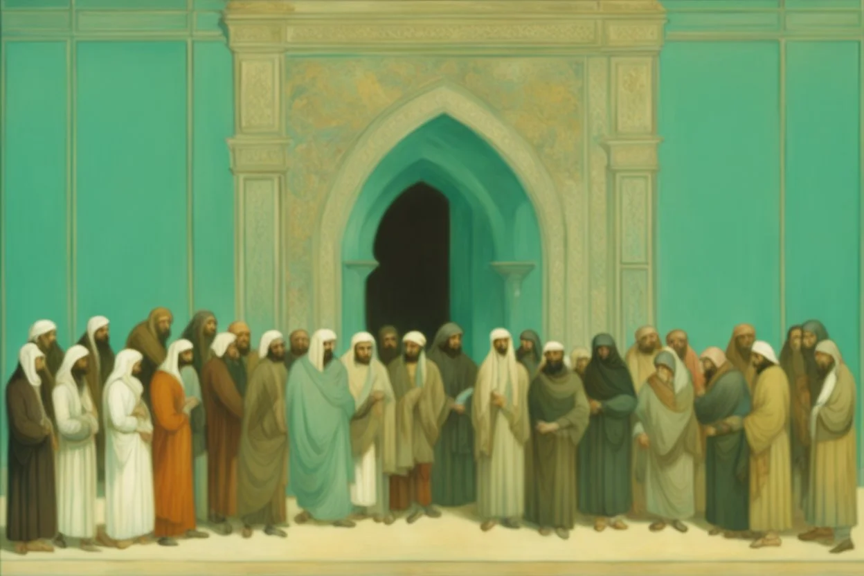 a group of people outside a gothic_arab glass gate in a turquoise wall by artist "Richard Dadd"