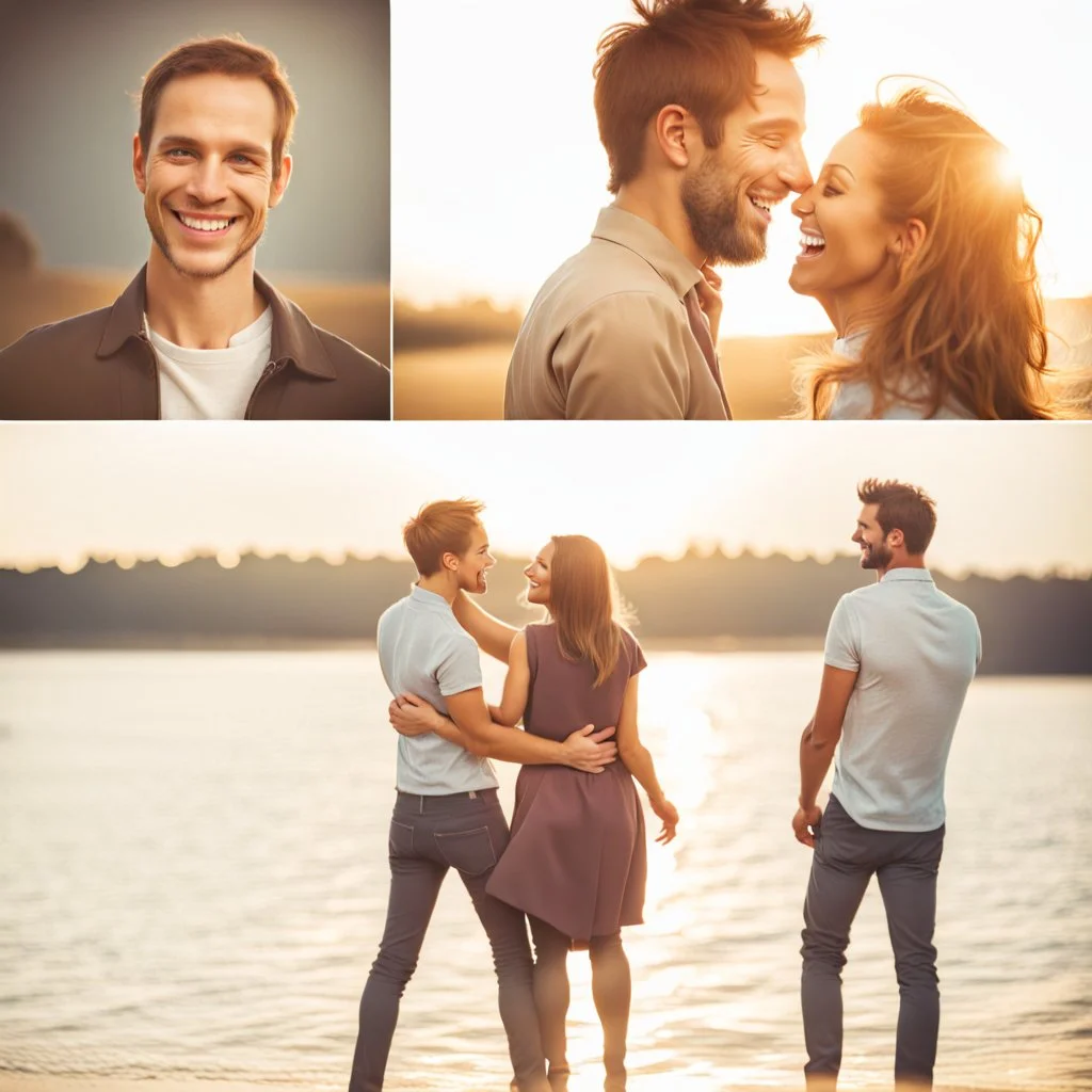 Four pictures of two people (a man and a woman) who will be very happy because of each other.