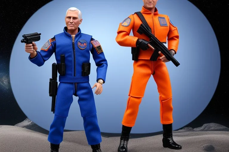 Mike Pence as G.I. Joe toy Doll figure With a pistol space force Blue fabric uniform, orange, black Moonboot