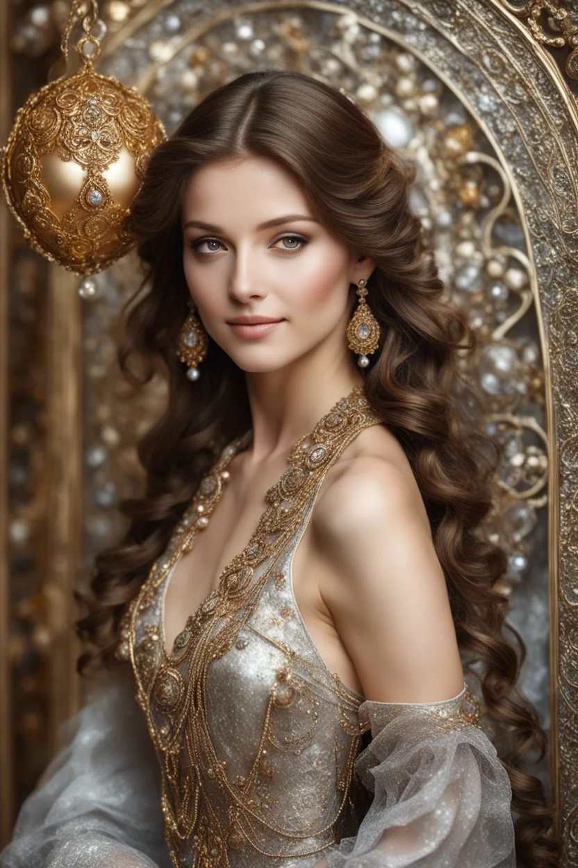 Full body photography cinematic realistic soft blur ,natural beauty,natural colors, of young woman, smiling, beautiful, shiny grey eyes, make up, Victorian Byzantine style, shiny baubles, ornate, large gemstones, shiny molten metalics, shiny wire filigree, brown hair, high definition,photography art