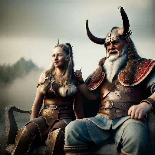 Viking theme, a younger woman sitting next to a 50-year-old man, portrait, 8K, close-up face, anatomically perfect face, Highly detailed stunning full frame portrait, misty and cloudy atmosphere